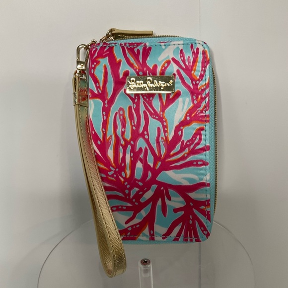 Lily Pulitzer Tiki Palm Design Wristlet Wallet Phone Case Pink Blue Zip Close - Picture 11 of 16